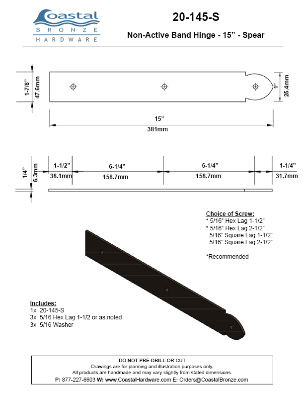 Textured Bronze Non-Active  Band Hinge - 15" - Spear