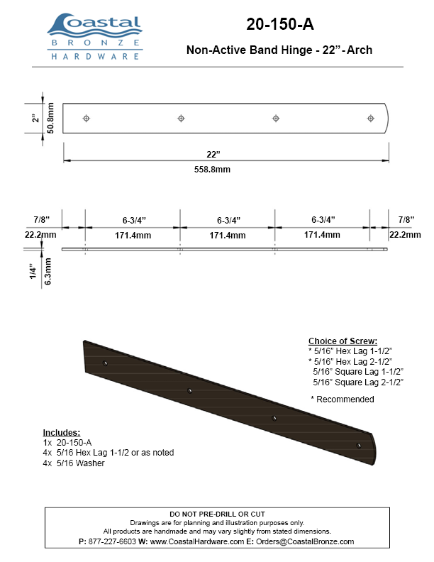 Textured Bronze Non-Active  Band Hinge - 22" - Arch