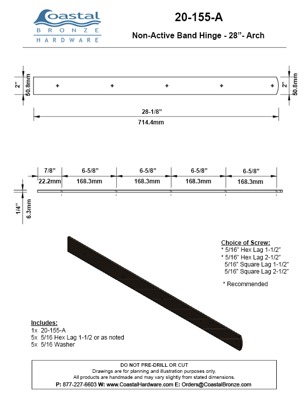 Textured Bronze Non-Active  Band Hinge - 28" - Arch