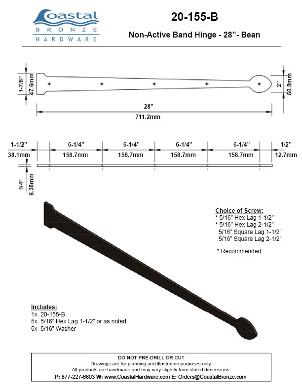 Textured Bronze Non-Active  Band Hinge - 28" - Bean