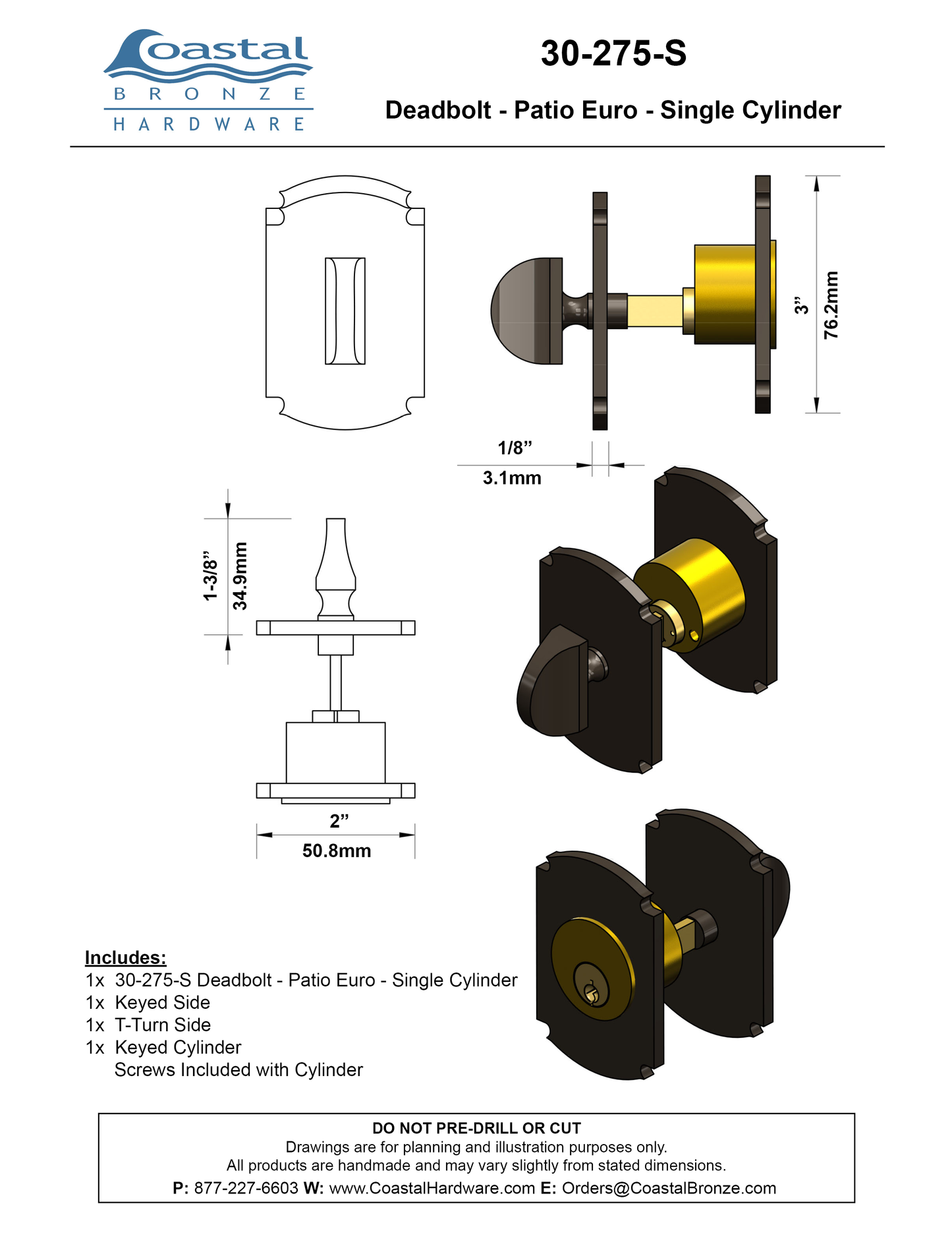 Textured Bronze Deadbolt - Patio Euro - Double Cylinder