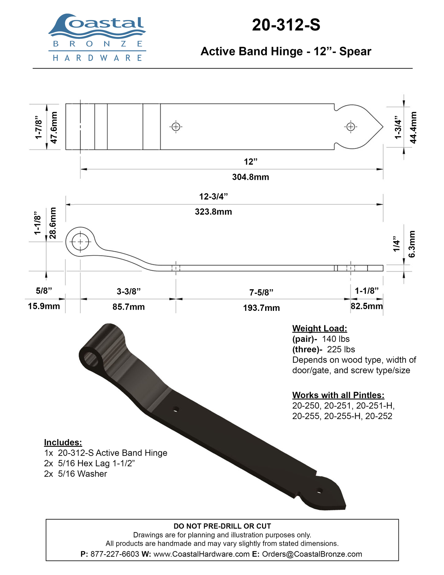 Textured Bronze Band Hinge - 12" - Spear
