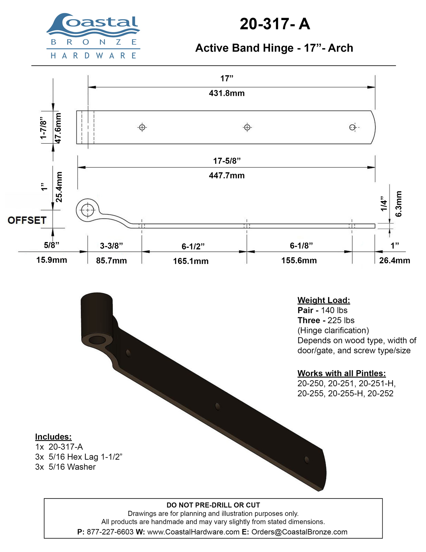 Textured Bronze Band Hinge - 17" - Arch