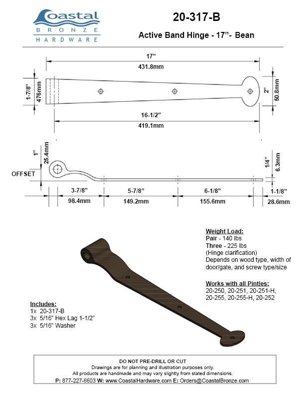 Textured Bronze Band Hinge - 17" - Bean