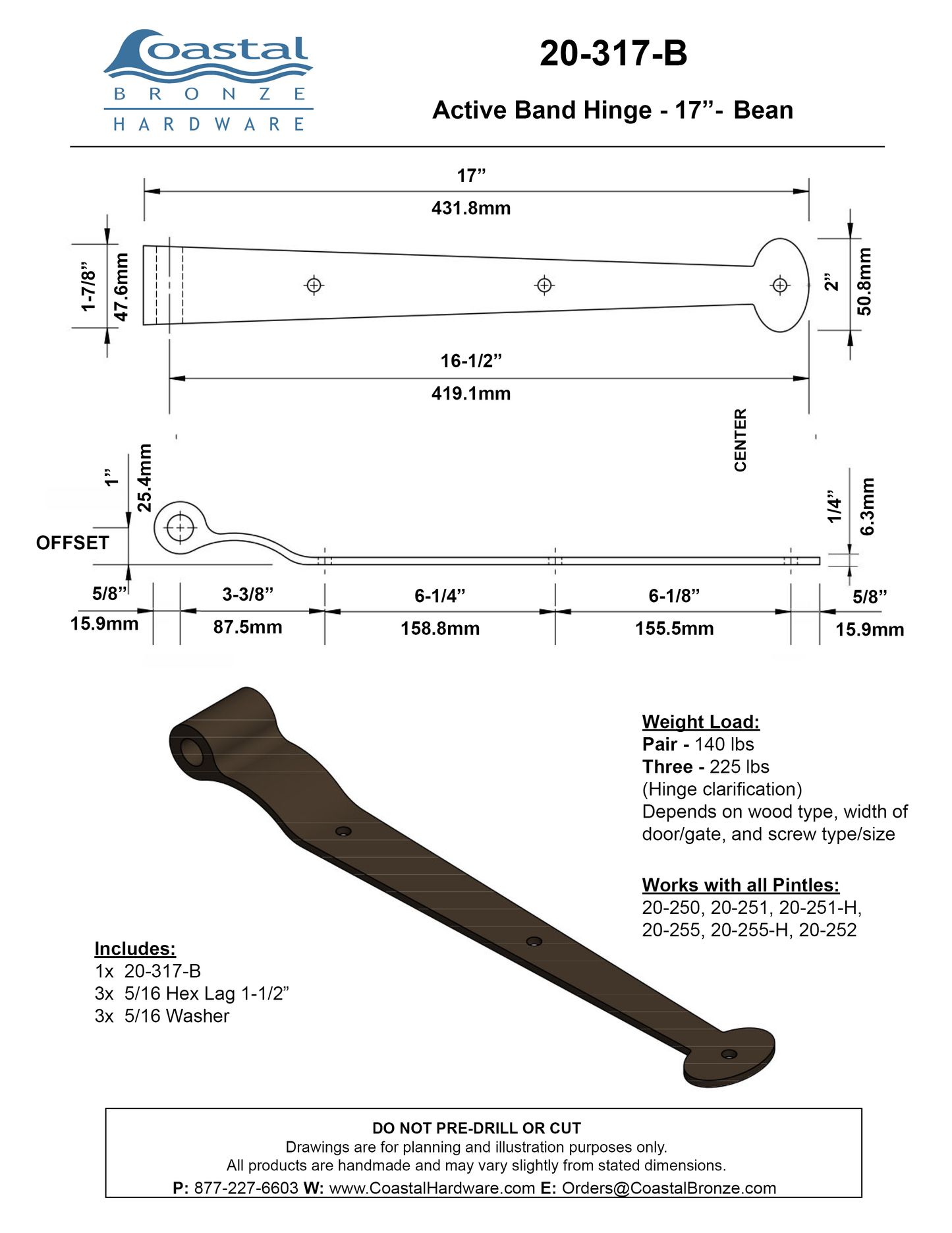 Textured Bronze Band Hinge - 17" - Bean