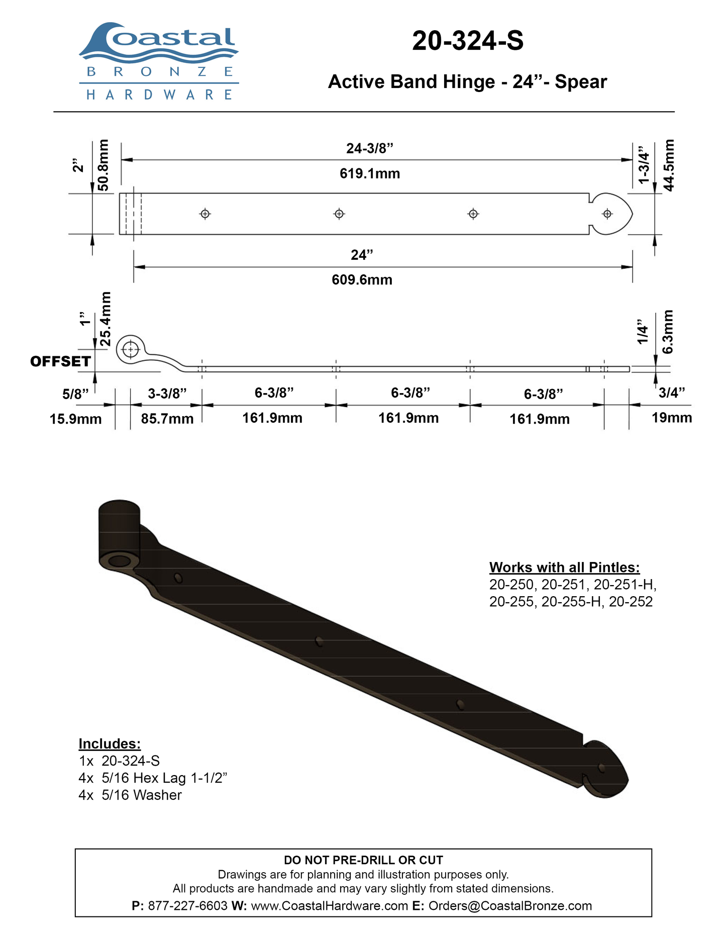 Textured Bronze Band Hinge - 24" - Spear