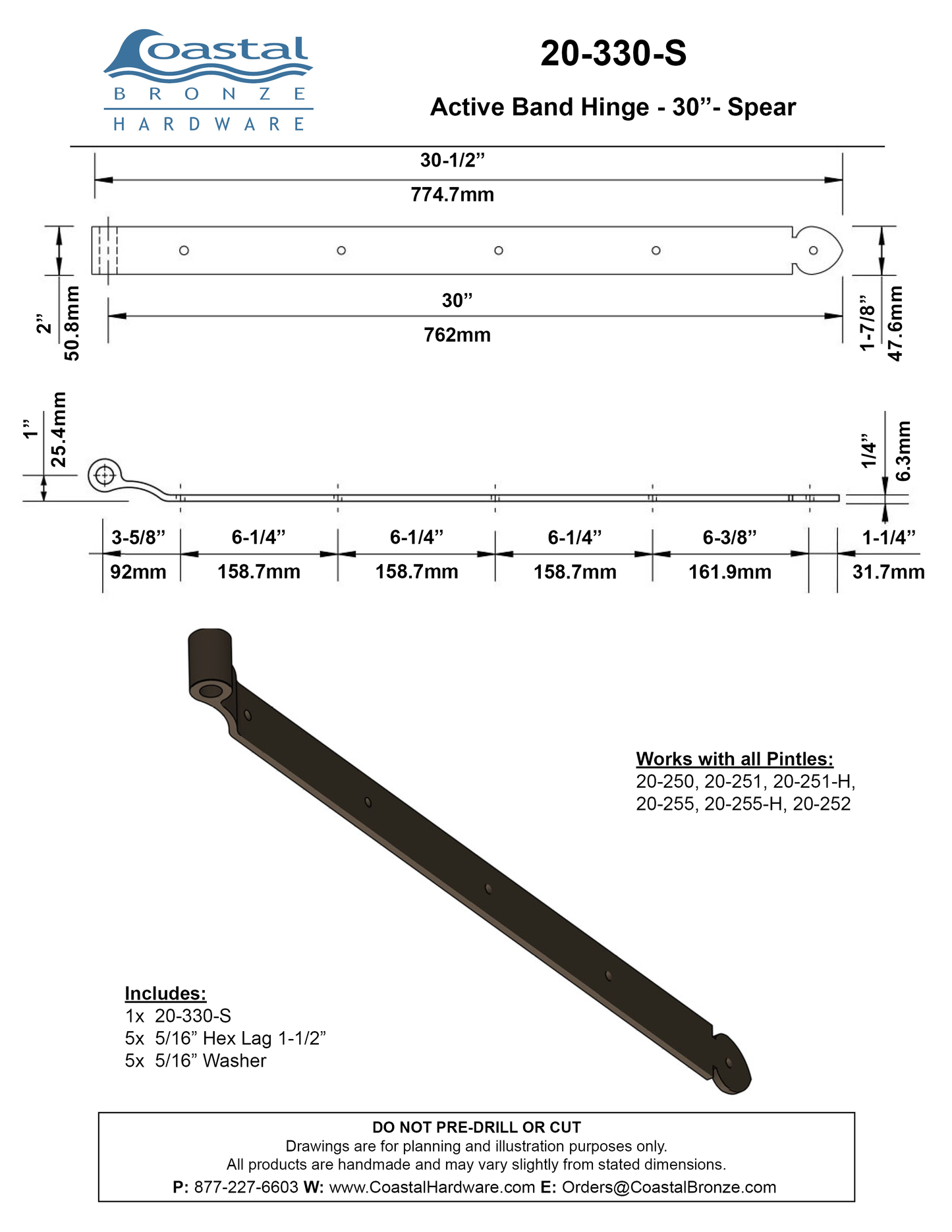 Textured Bronze Band Hinge - 30" - Spear