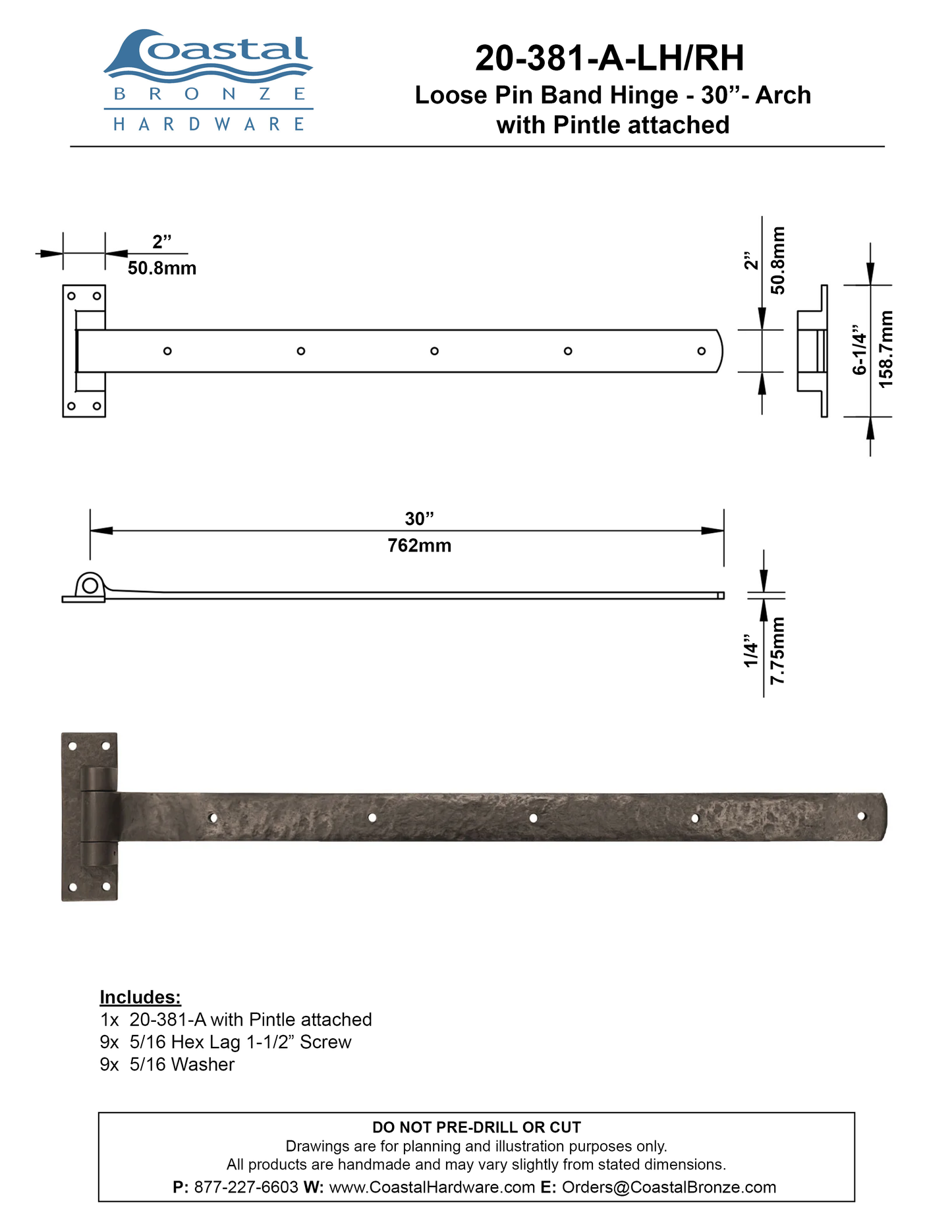 Textured Bronze Loose Pin Band Hinge - 30" - Arch