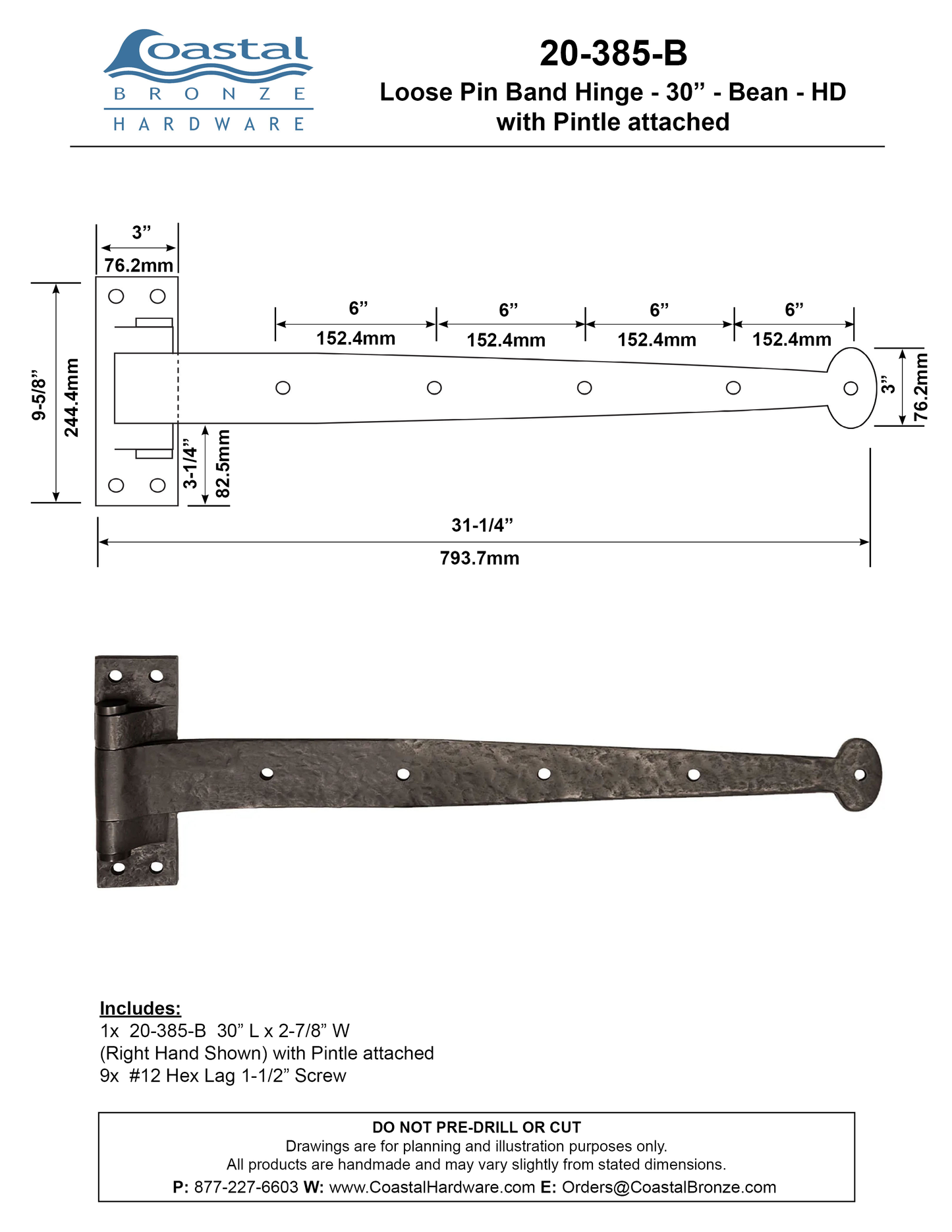 Textured Bronze Loose Pin Band Hinge - 30" - Bean - Heavy Duty