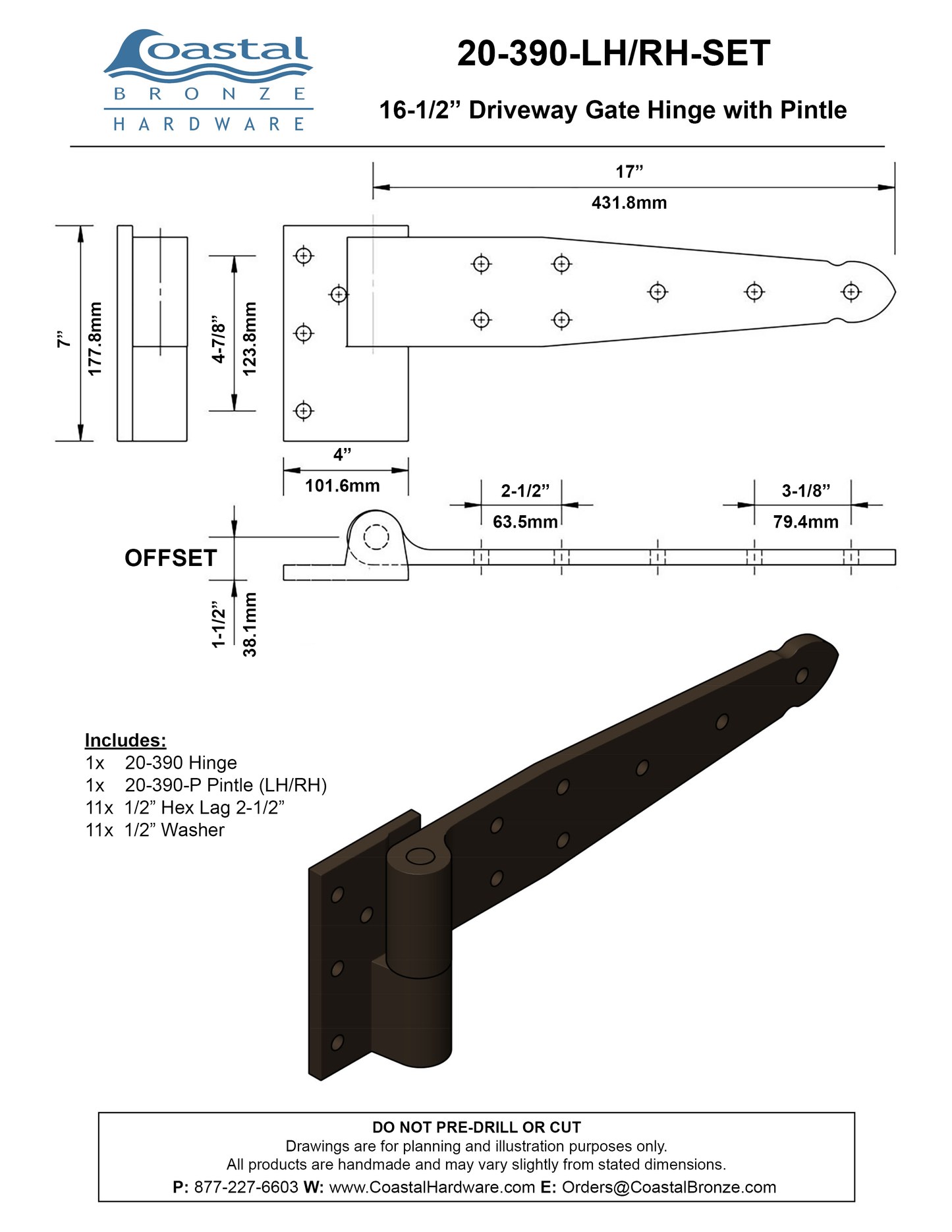 Textured Bronze Driveway Gate Hinge - Edge Mount - 16-1/2"