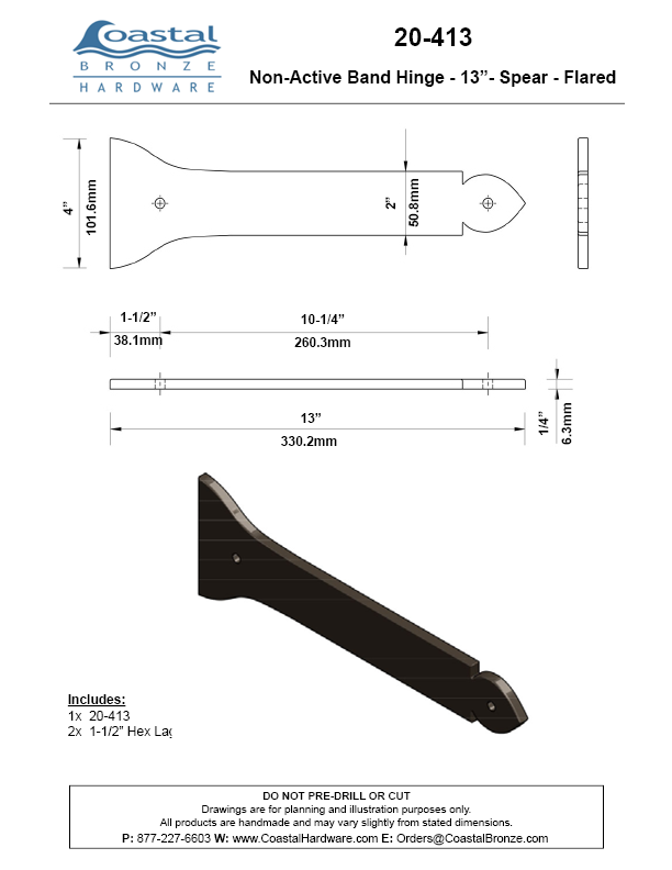 Textured Bronze Non-Active  Band Hinge - 13" - Spear - Flared