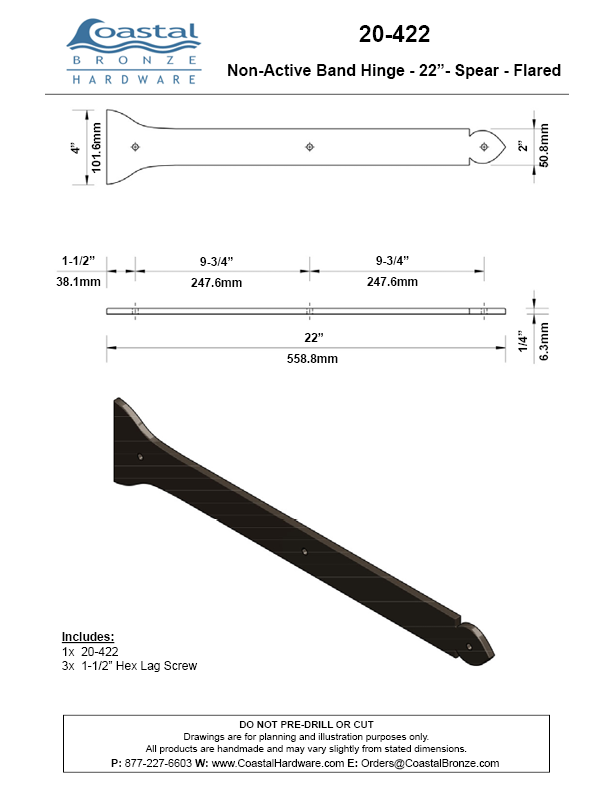 Textured Bronze Non-Active  Band Hinge - 22" - Spear - Flared
