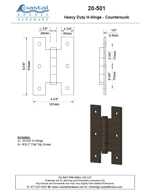 Textured Bronze Heavy Duty H-Hinge - Countersunk