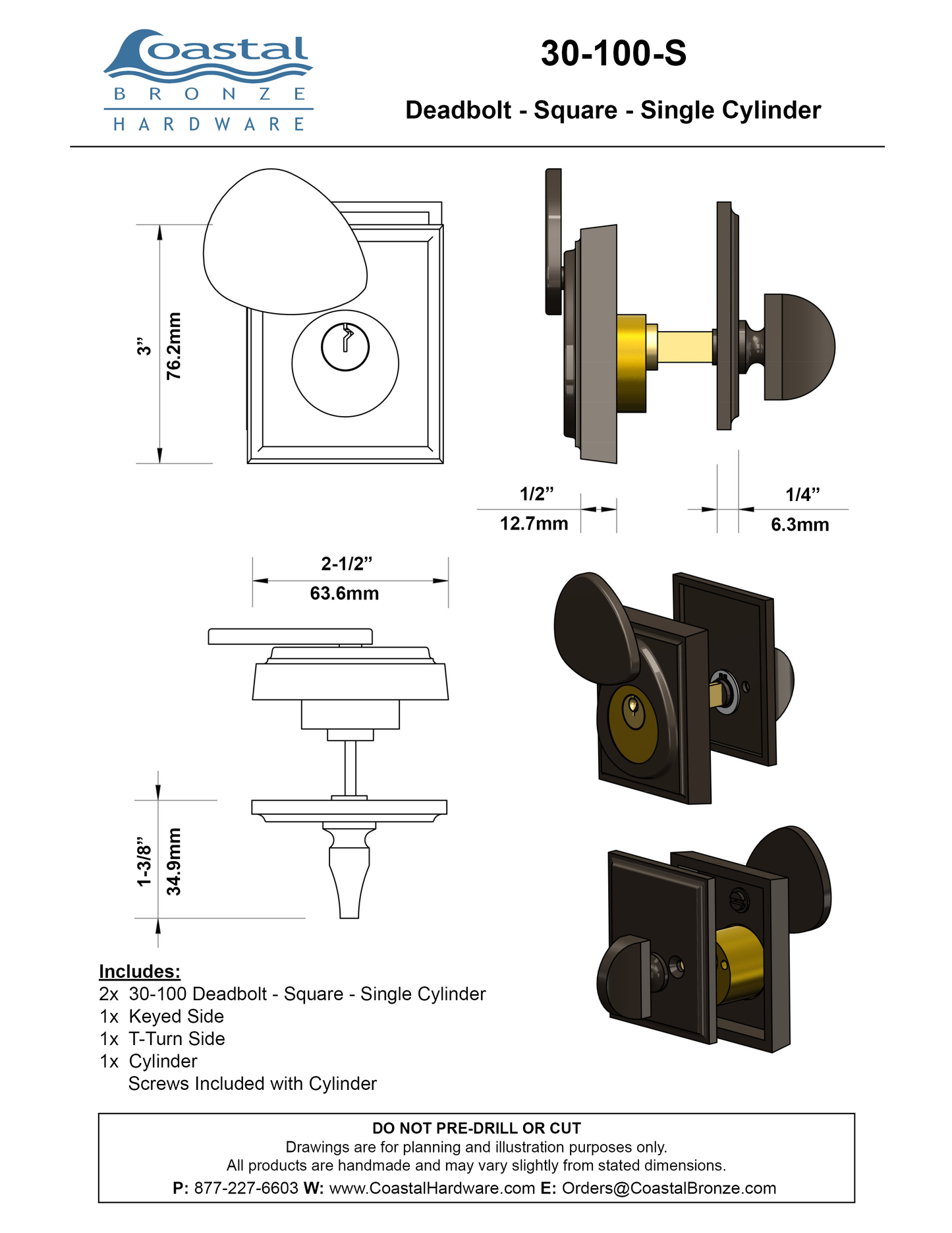 Textured Bronze Deadbolt - Square - Single Cylinder