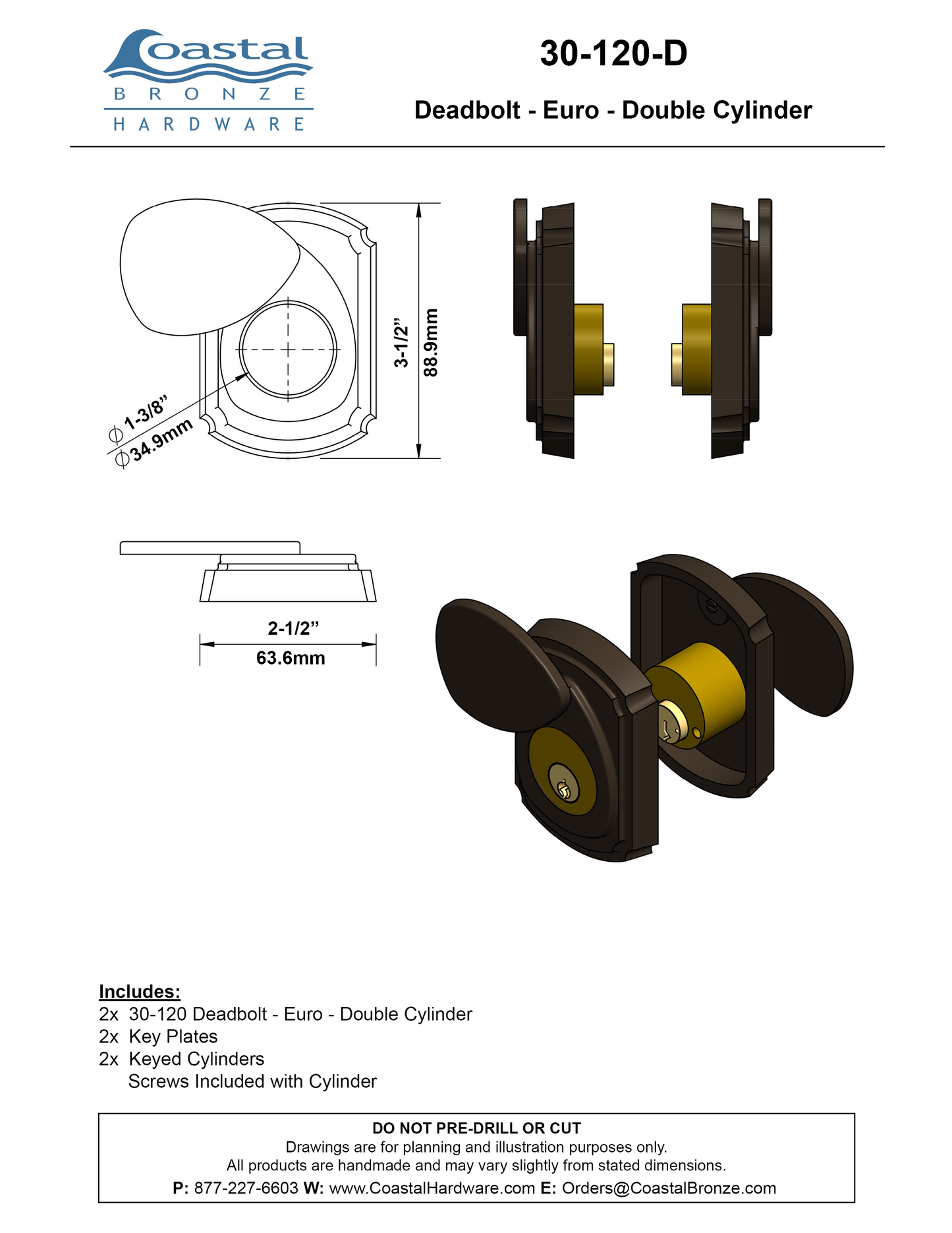 Textured Bronze Deadbolt - Euro - Double Cylinder