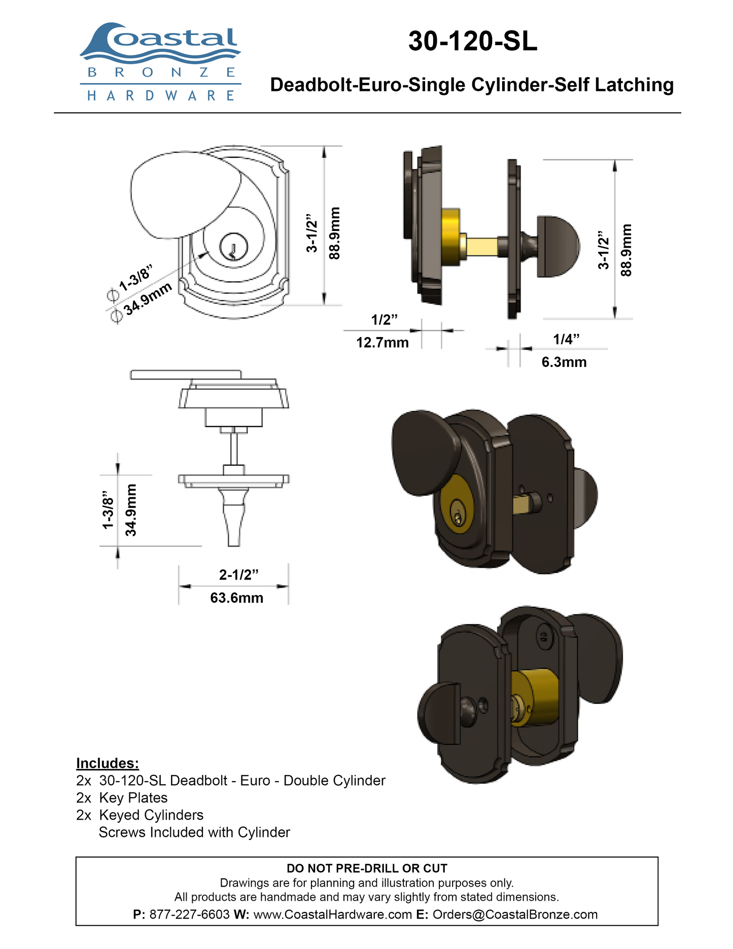 Textured Bronze Deadbolt - Euro - Single Cylinder - Self Latching