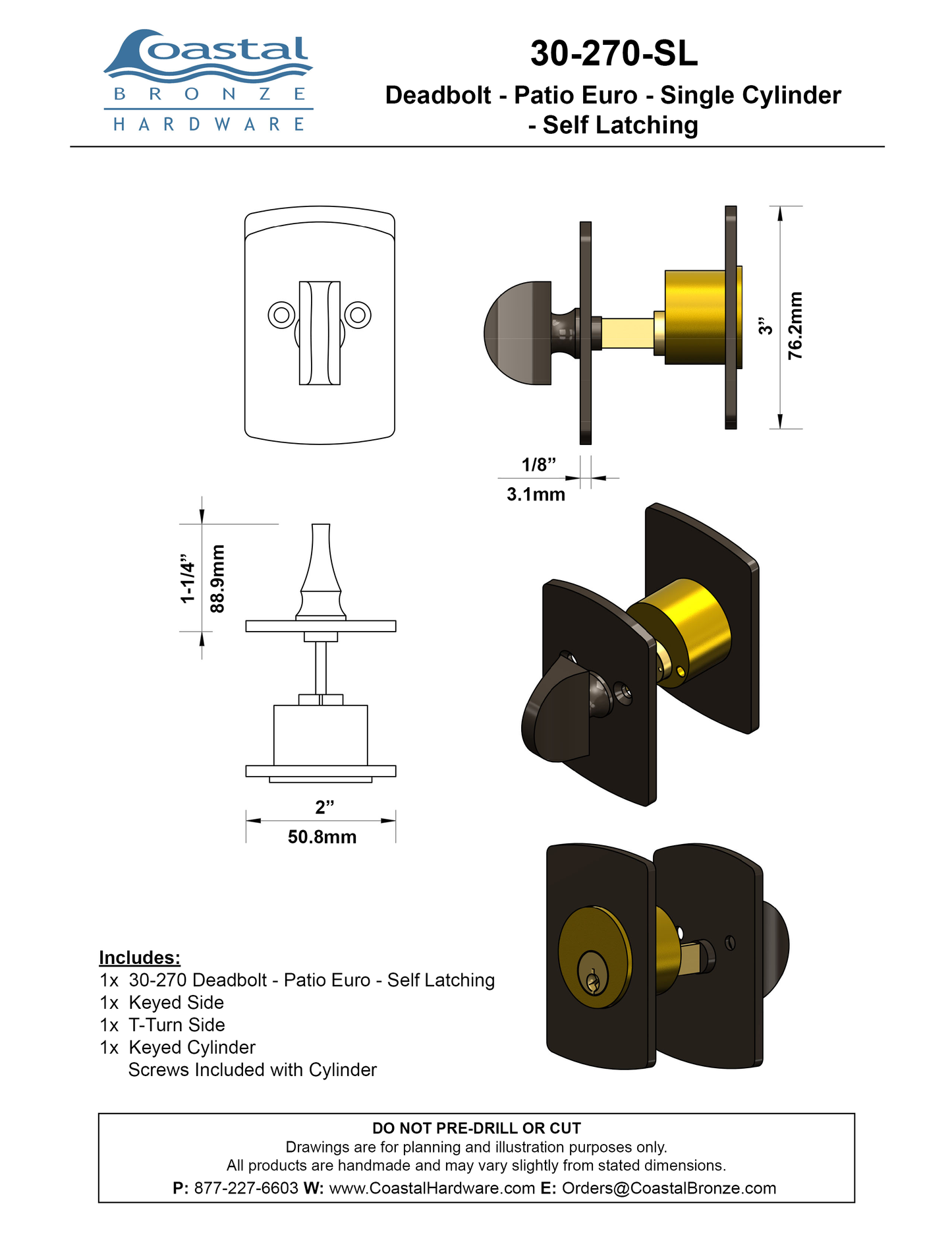 Textured Bronze Deadbolt - Patio Arch - Single Cylinder - Self Latching