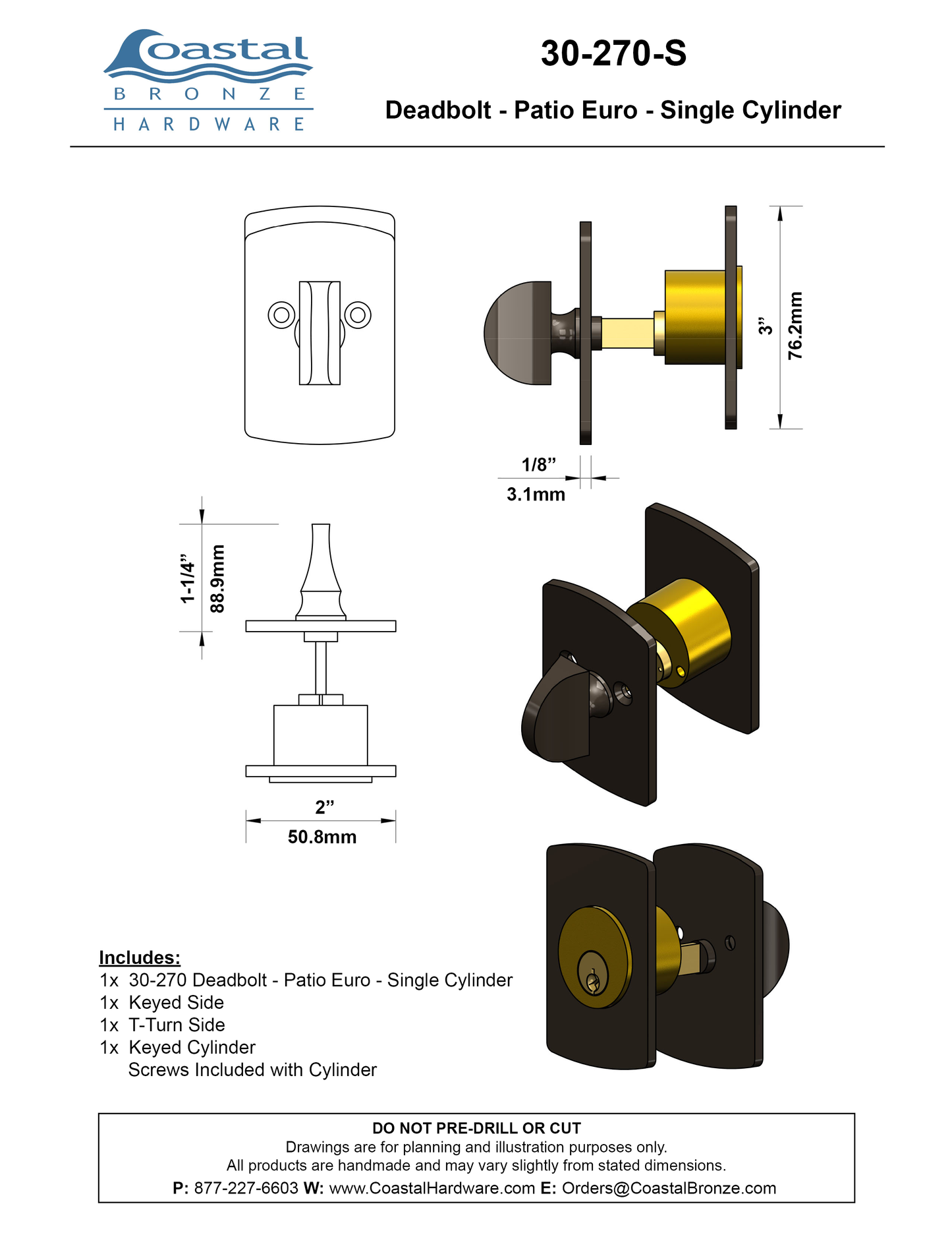 Textured Bronze Deadbolt - Patio Arch - Single Cylinder