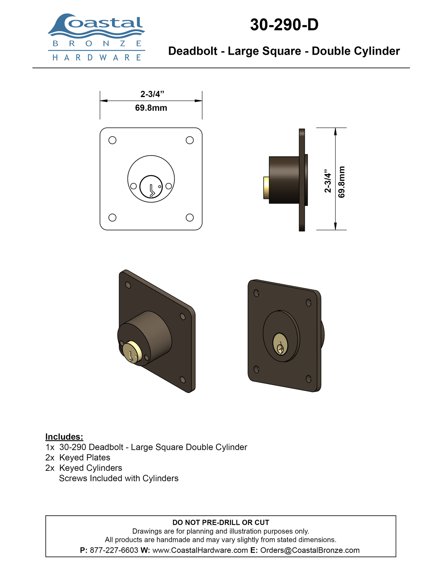 Textured Bronze Deadbolt - Large Square - Double Cylinder