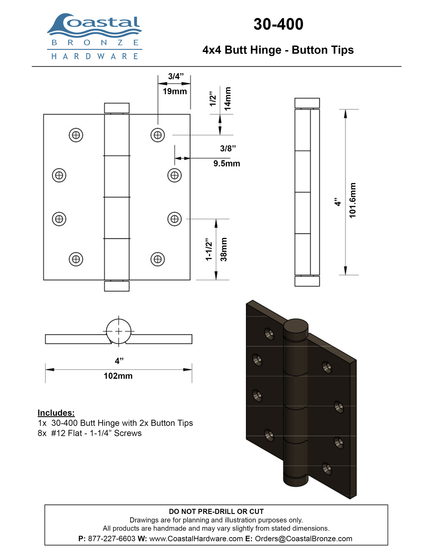 Textured Bronze Butt Hinge - 4" x 4" - Button Tip