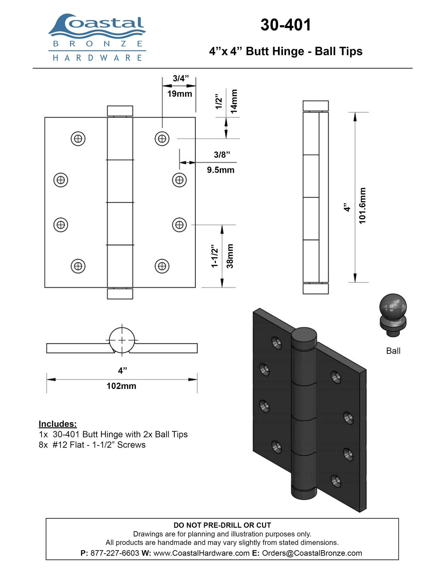 Textured Bronze Butt Hinge - 4" x 4" - Ball Tip