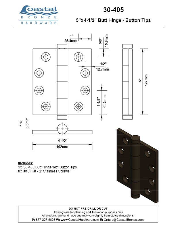 Textured Bronze High Load Butt Hinge - 5" x 4-1/2" - Button