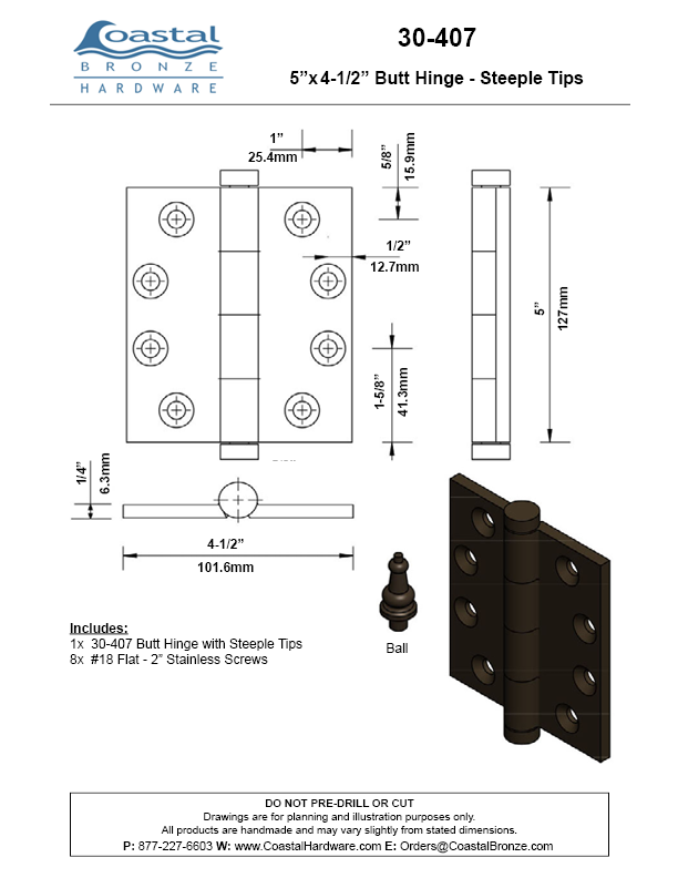 Textured Bronze High Load Butt Hinge - 5" x 4-1/2" - Steeple