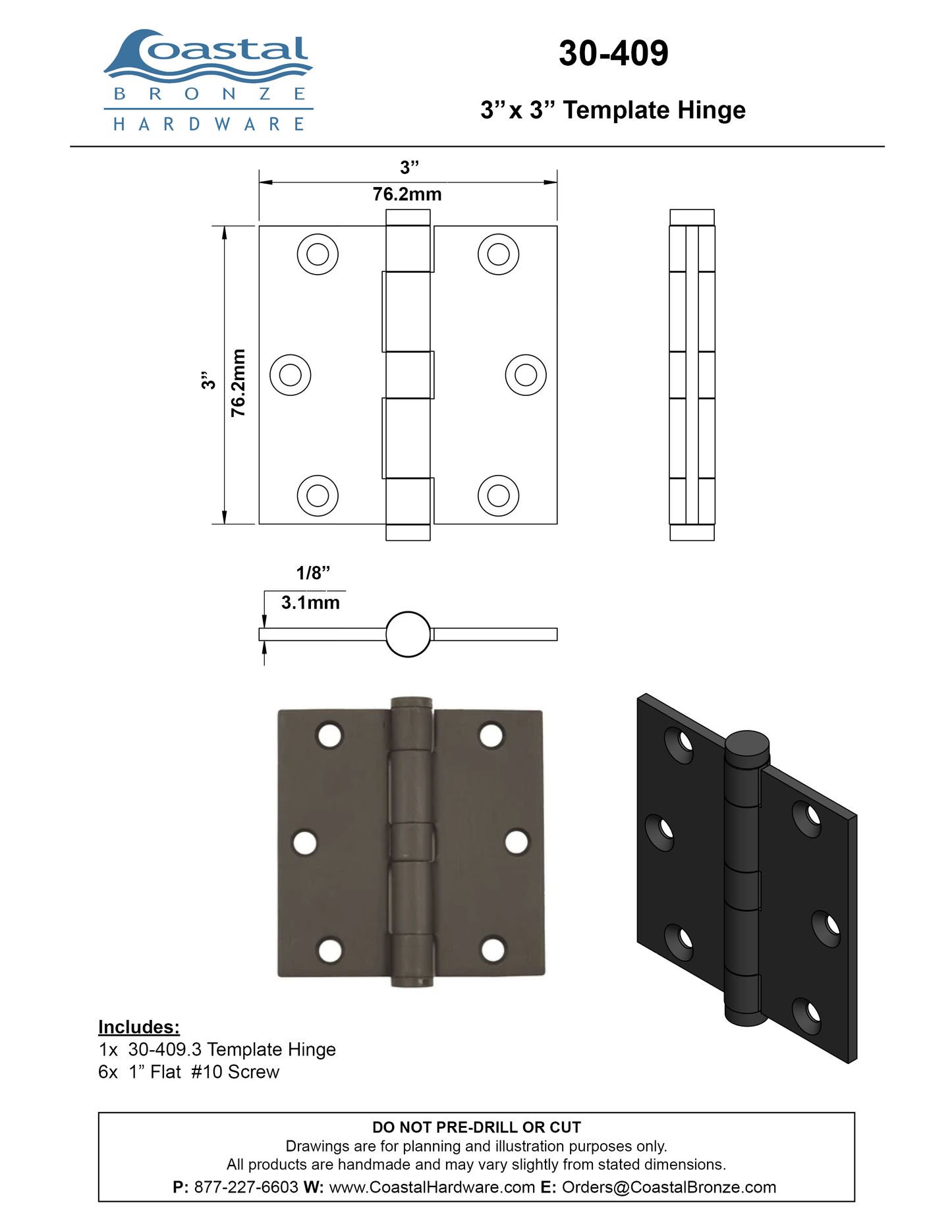Bronze Template Hinge - 3" x 3"