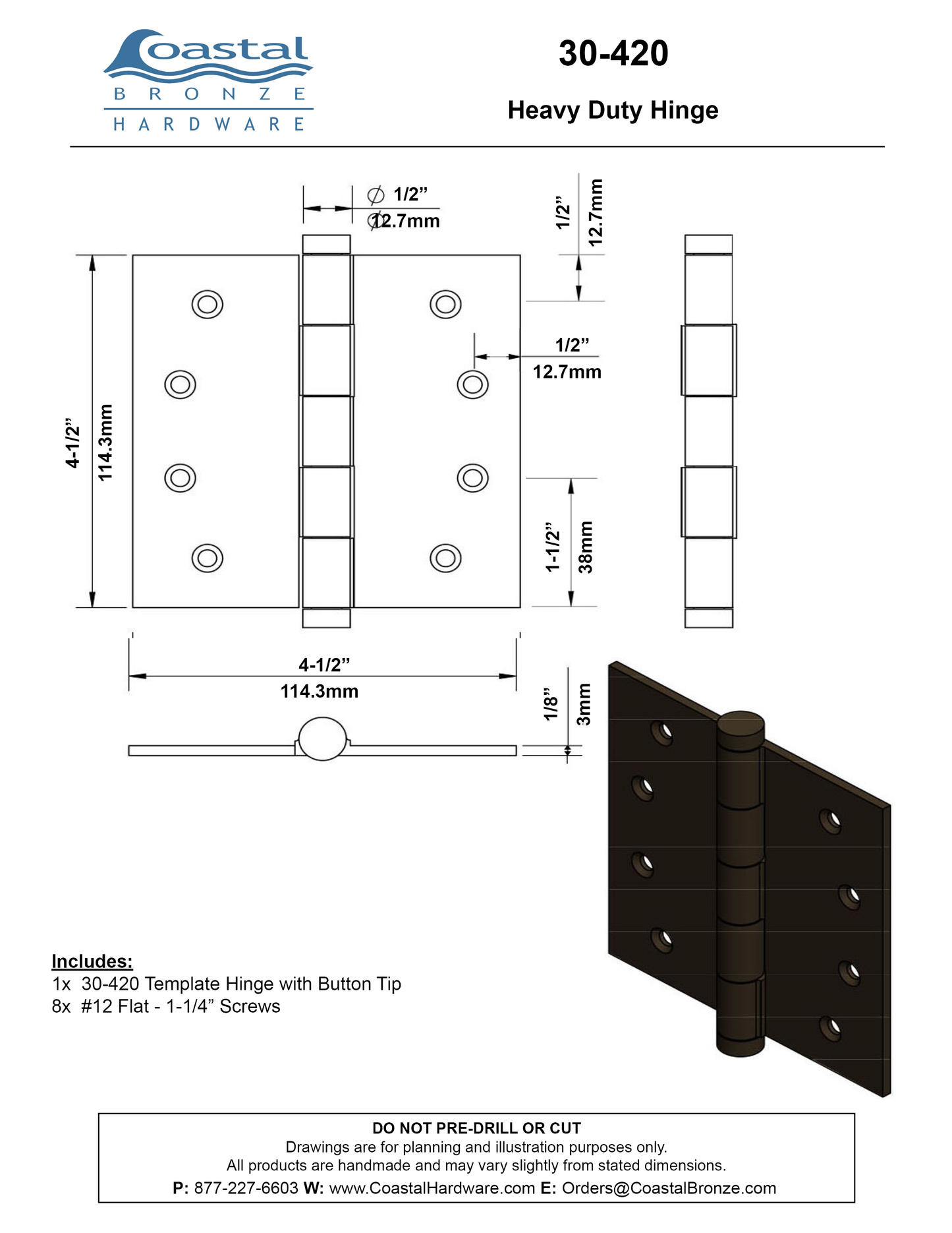 Bronze Template Hinge - 4-1/2" x 4-1/2" - Button Tip
