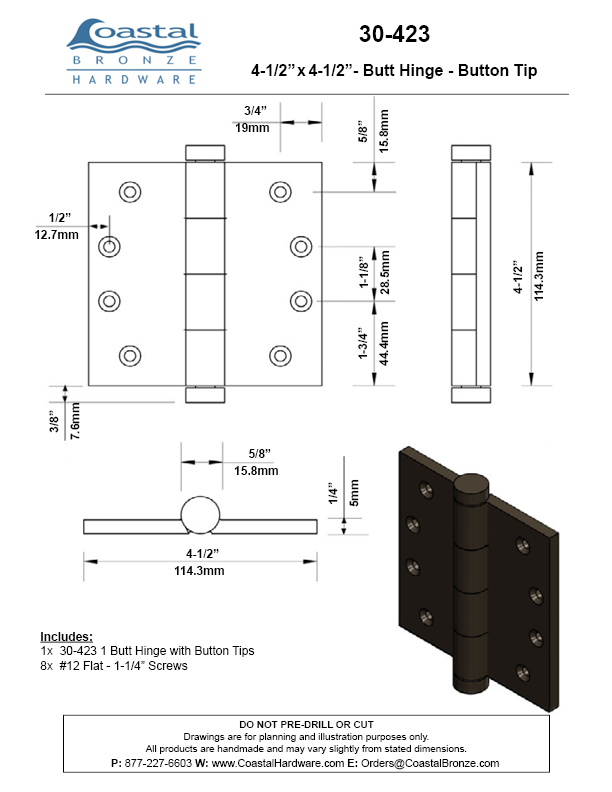 Textured Bronze Butt Hinge - 4-1/2" x 4-1/2" - Button Tip