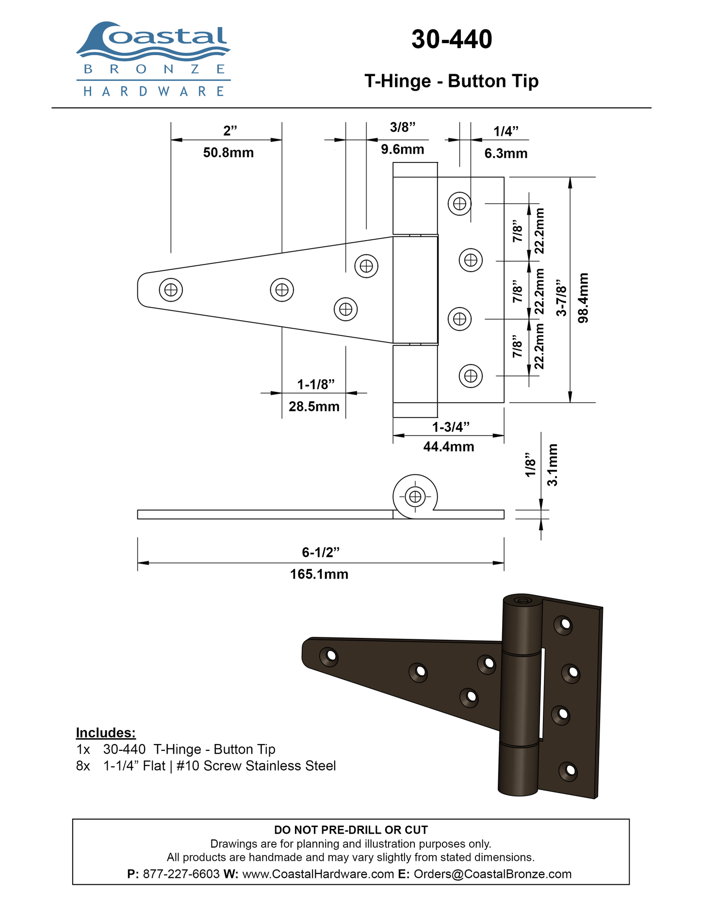 Textured Bronze T-Hinge - Button Tip