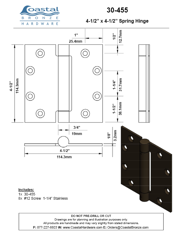 Stainless Steel 4-1/2" x 4-1/2" Spring Hinge - PVD Coated