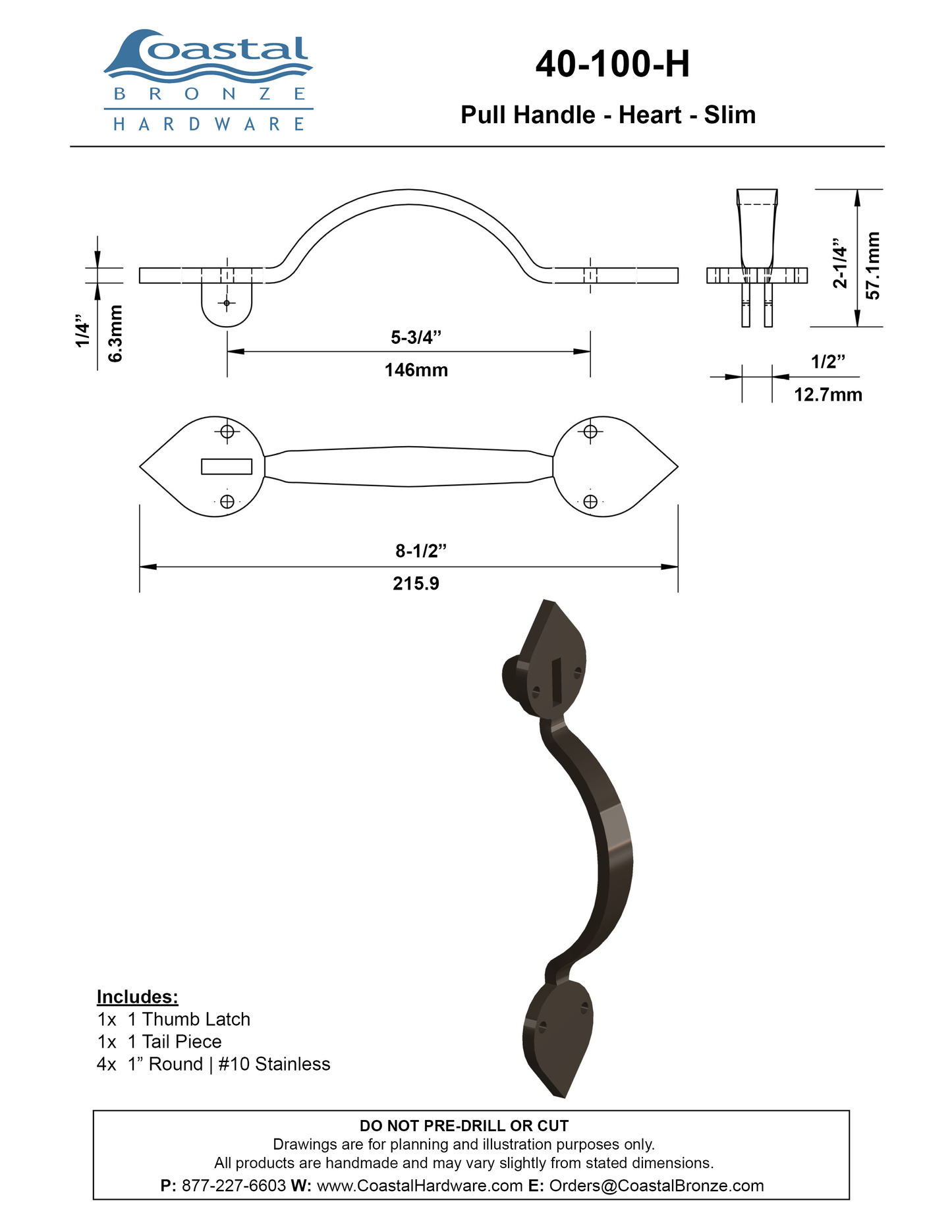 Textured Bronze Thumb Latch - Heart - Slim