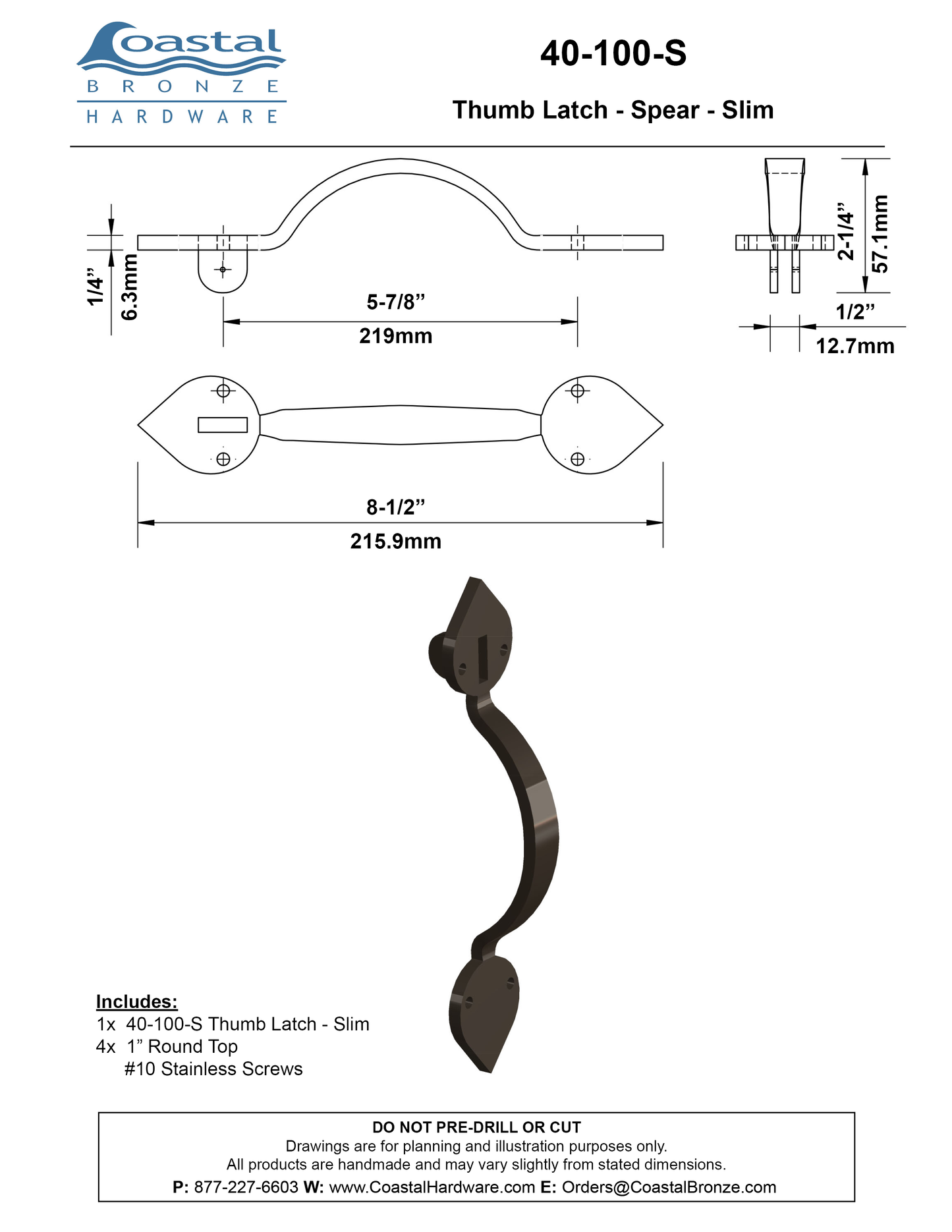 Textured Bronze Thumb Latch - Spear - Slim