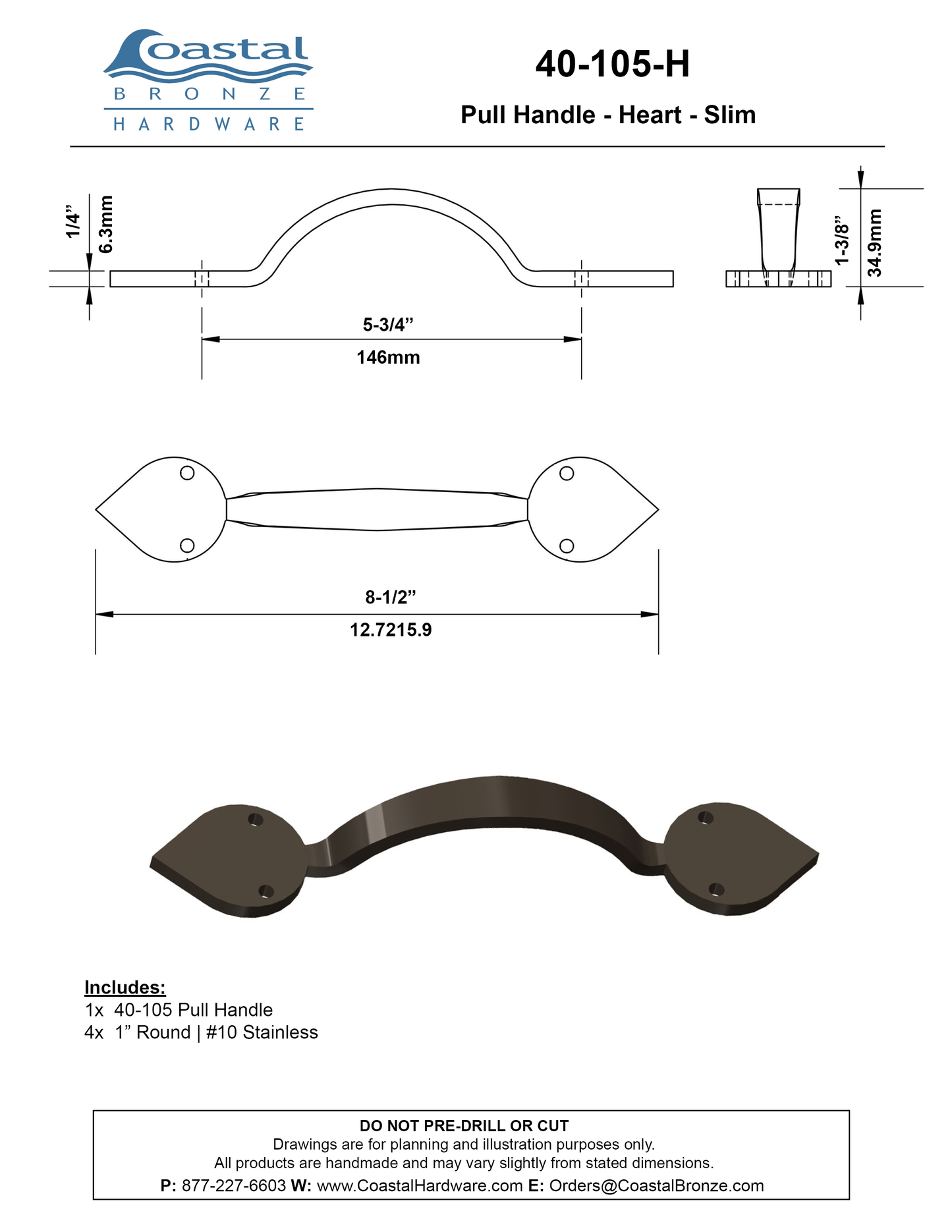 Textured Bronze Pull Handle - Heart - Slim