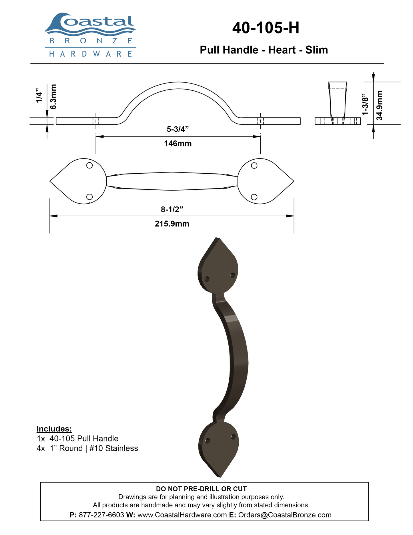 Textured Bronze Pull Handle - Heart - Slim