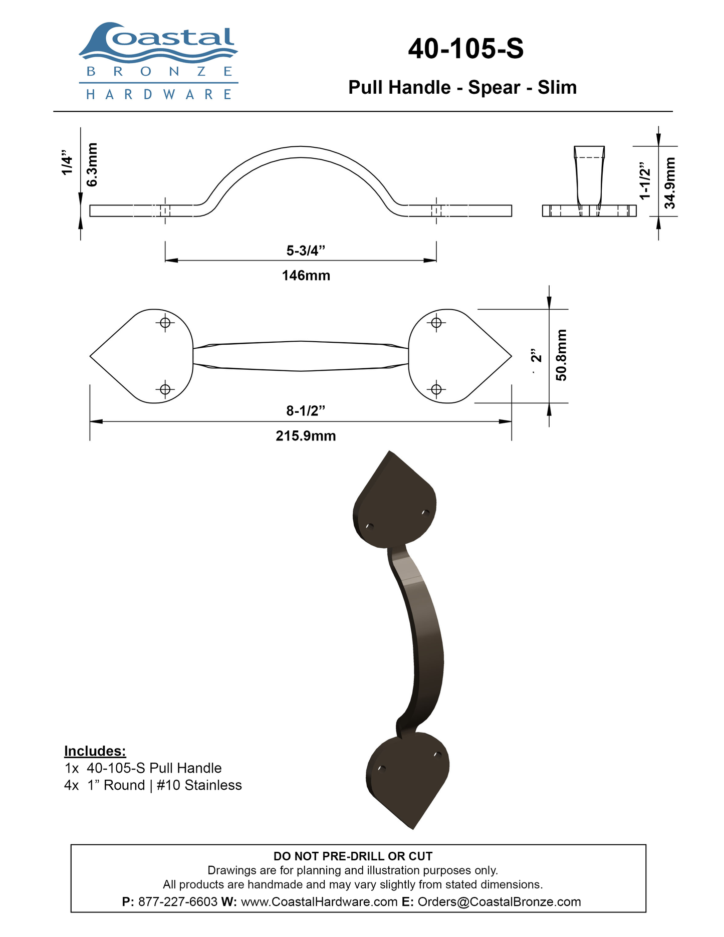 Textured Bronze Pull Handle - Spear - Slim