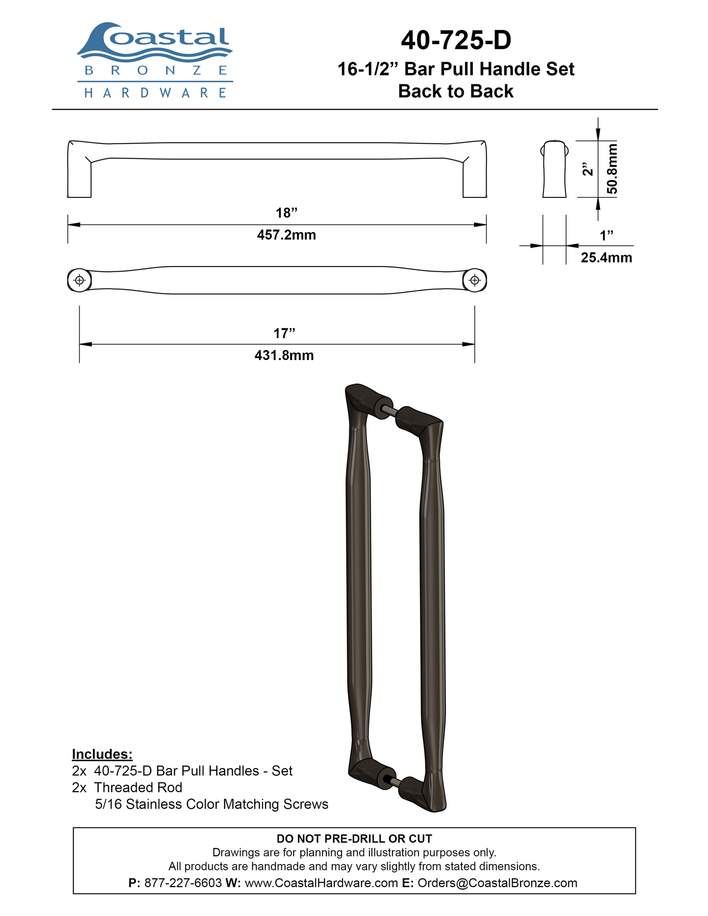 Textured Bronze Bar Pull Handle Set - Back to Back - 16-1/2" C2C