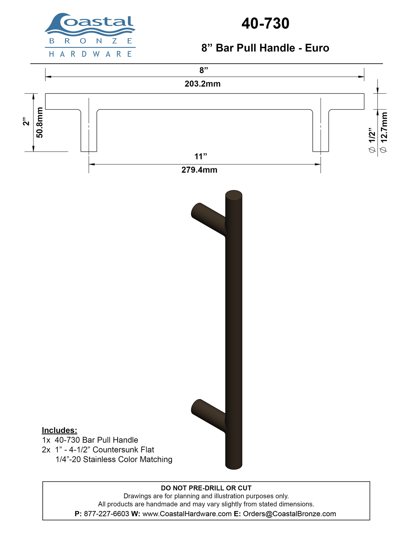 Textured Bronze Bar Pull Handle - Euro - 8" C2C