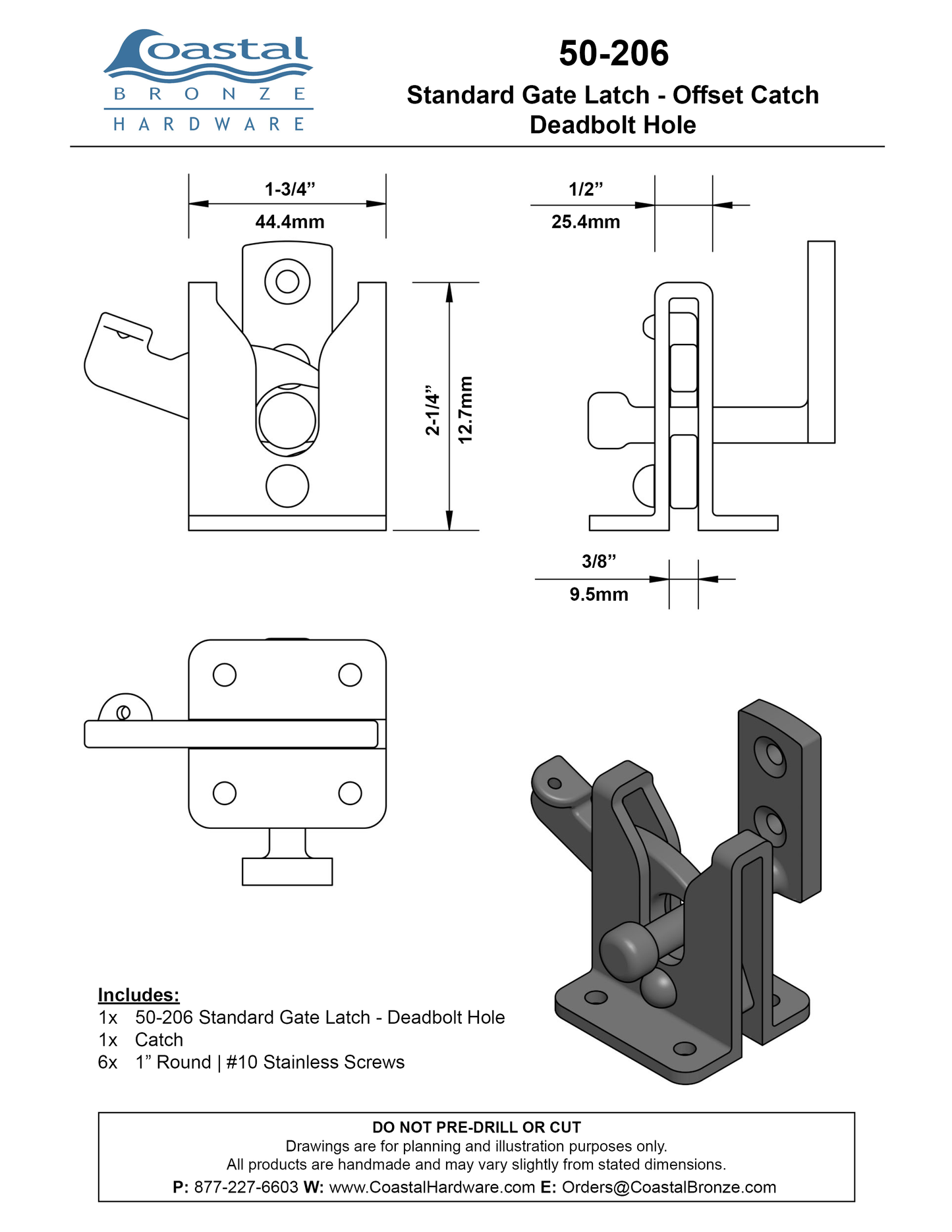 Textured Bronze Standard Gate Latch - Offset Catch - Deadbolt Hole