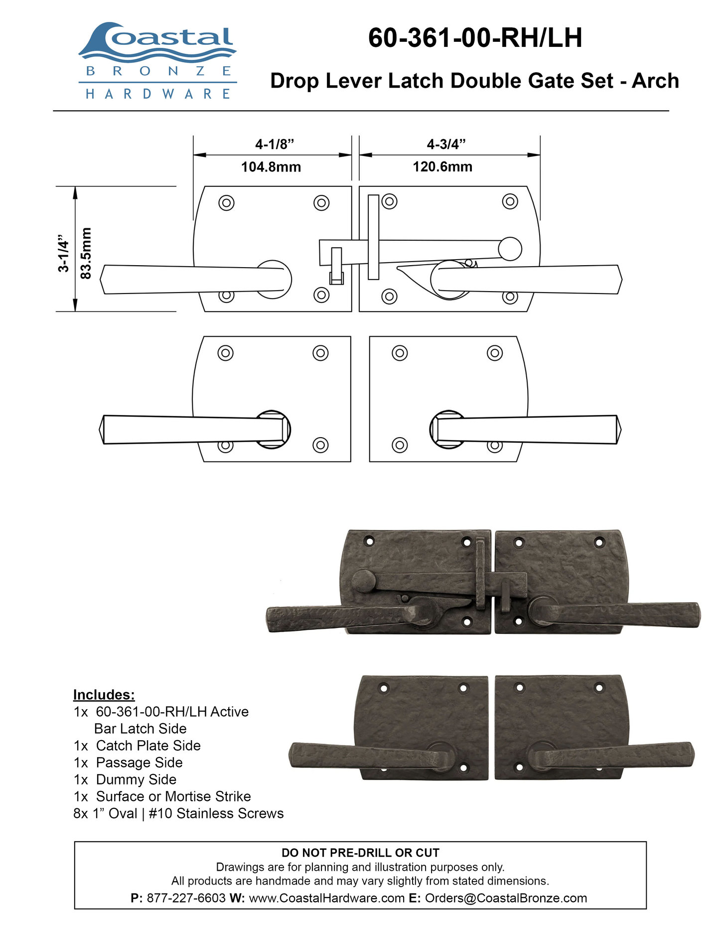 Textured Bronze Drop Lever Latch Double Gate Set - Arch