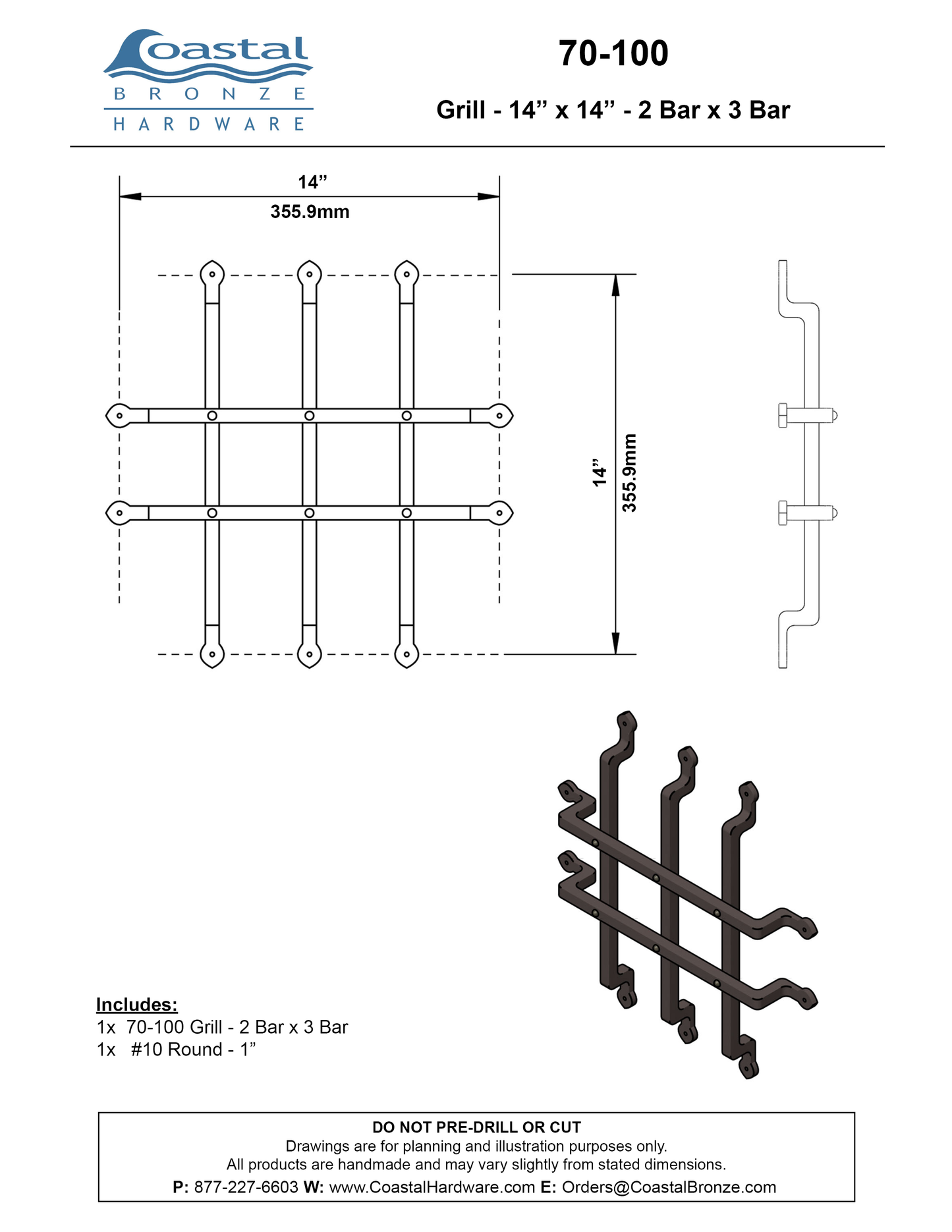 Textured Bronze Grill - 14" x 14" - 2 Bar x 3 Bar