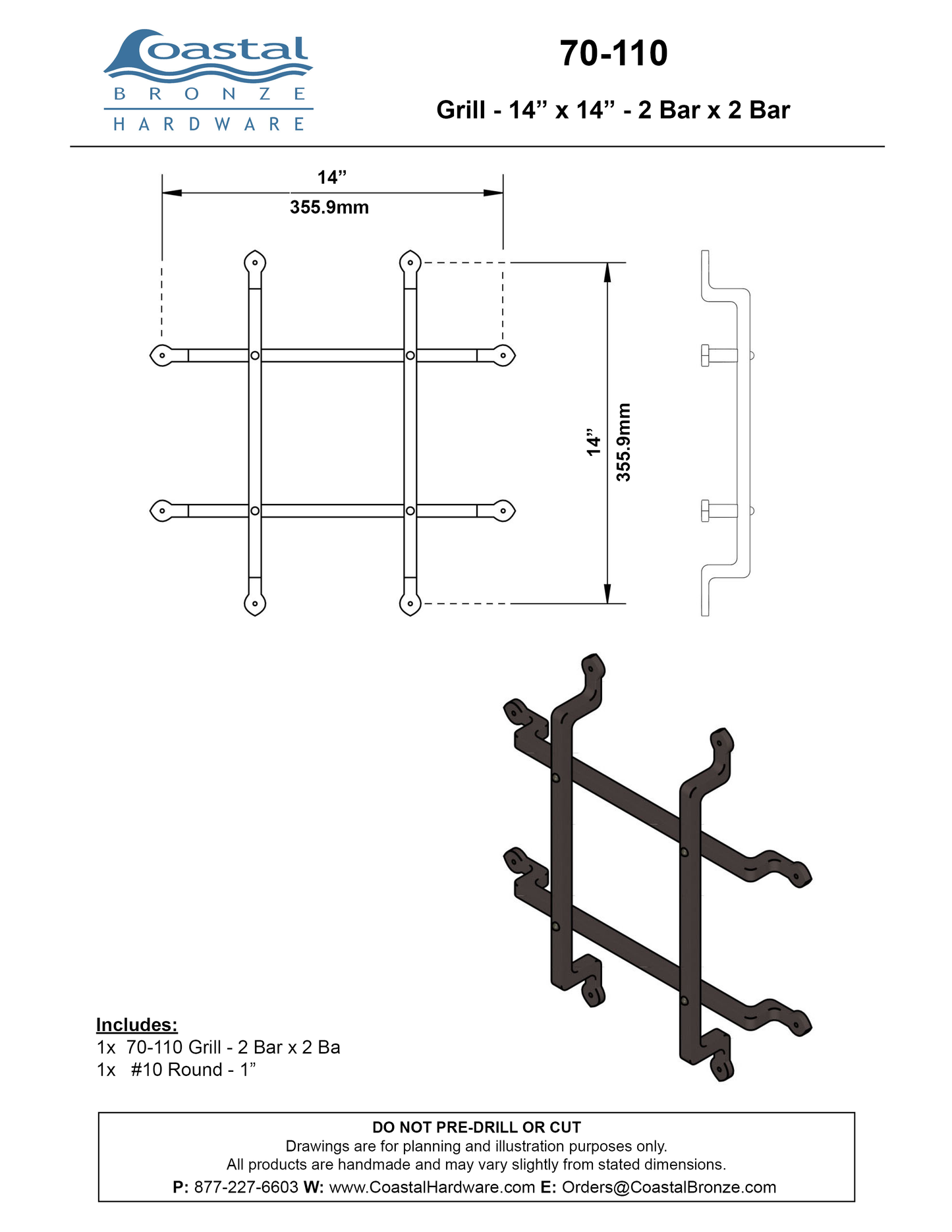 Textured Bronze Grill - 14" x 14" - 2 Bar x 2 Bar