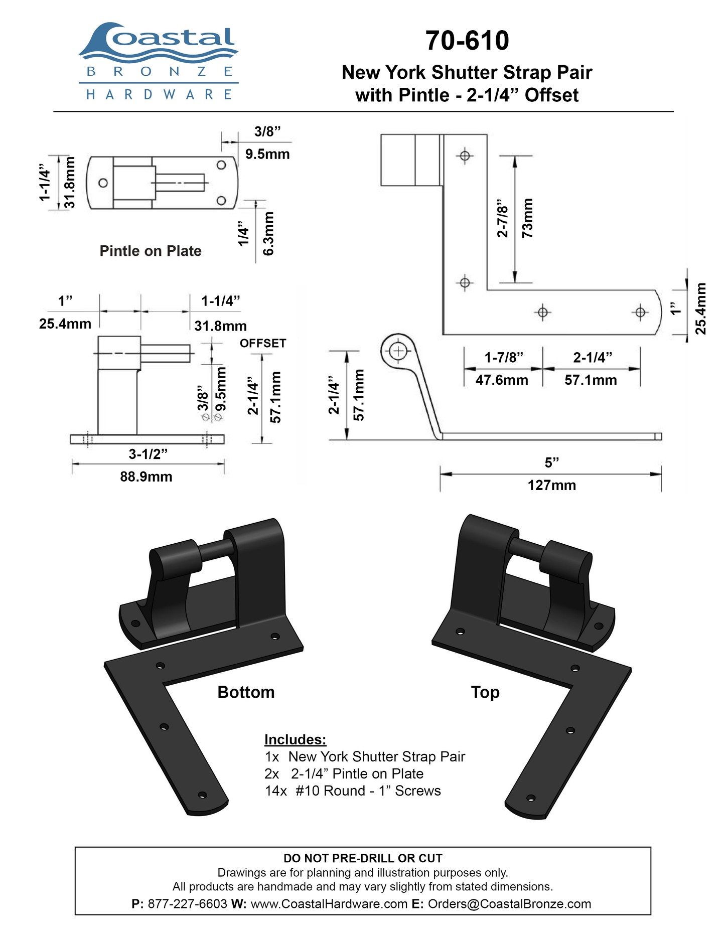 Textured Bronze New York Shutter Strap Pair - with Pintle - 2-1/4" Offset