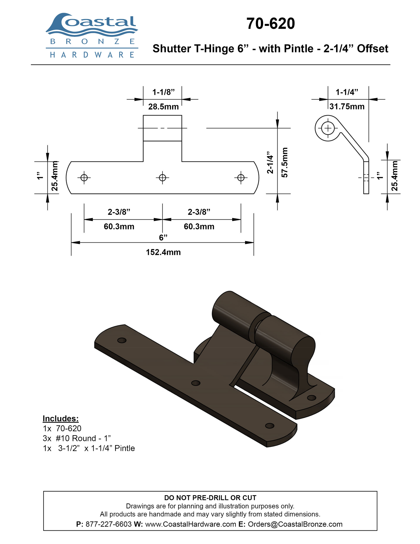 Textured Bronze Shutter T-Hinge Strap 6" - with Pintle - 1-1/4" Offset
