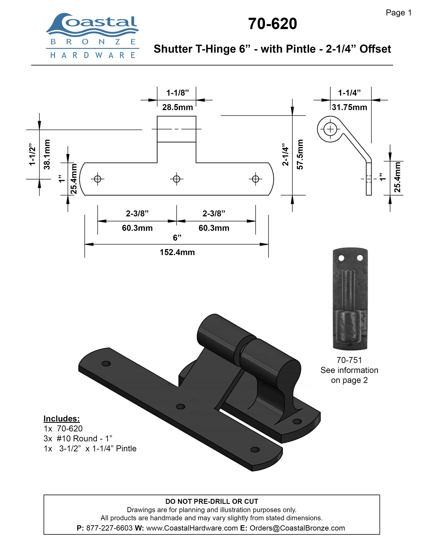 Textured Bronze Shutter T-Hinge Strap 6" - with Pintle - 1-1/4" Offset
