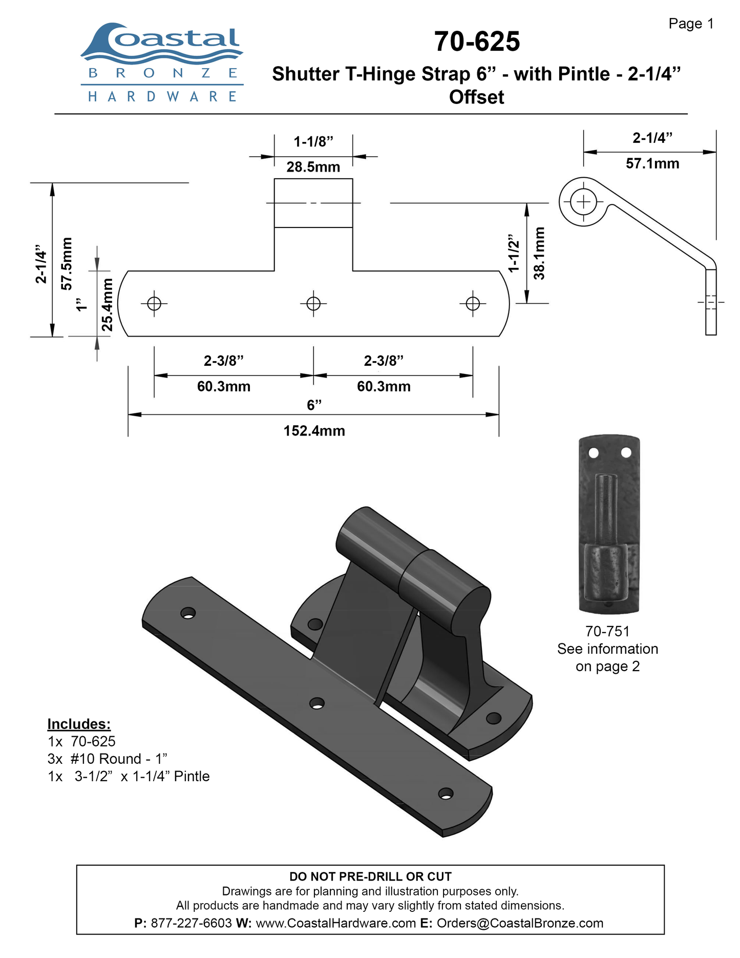 Textured Bronze Shutter T-Hinge Strap 6" - with Pintle - 2-1/4" Offset