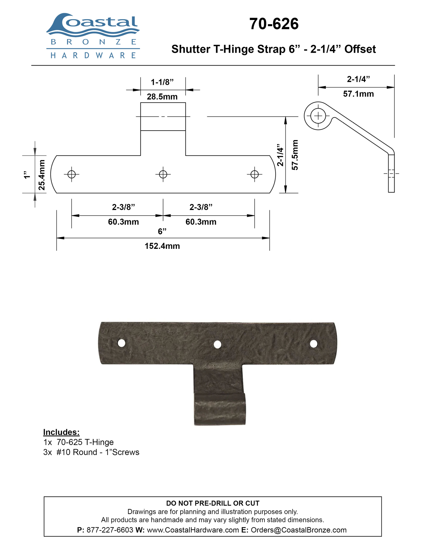 Textured Bronze 6" Shutter T-Hinge Strap Only - 2-1/4" Offset