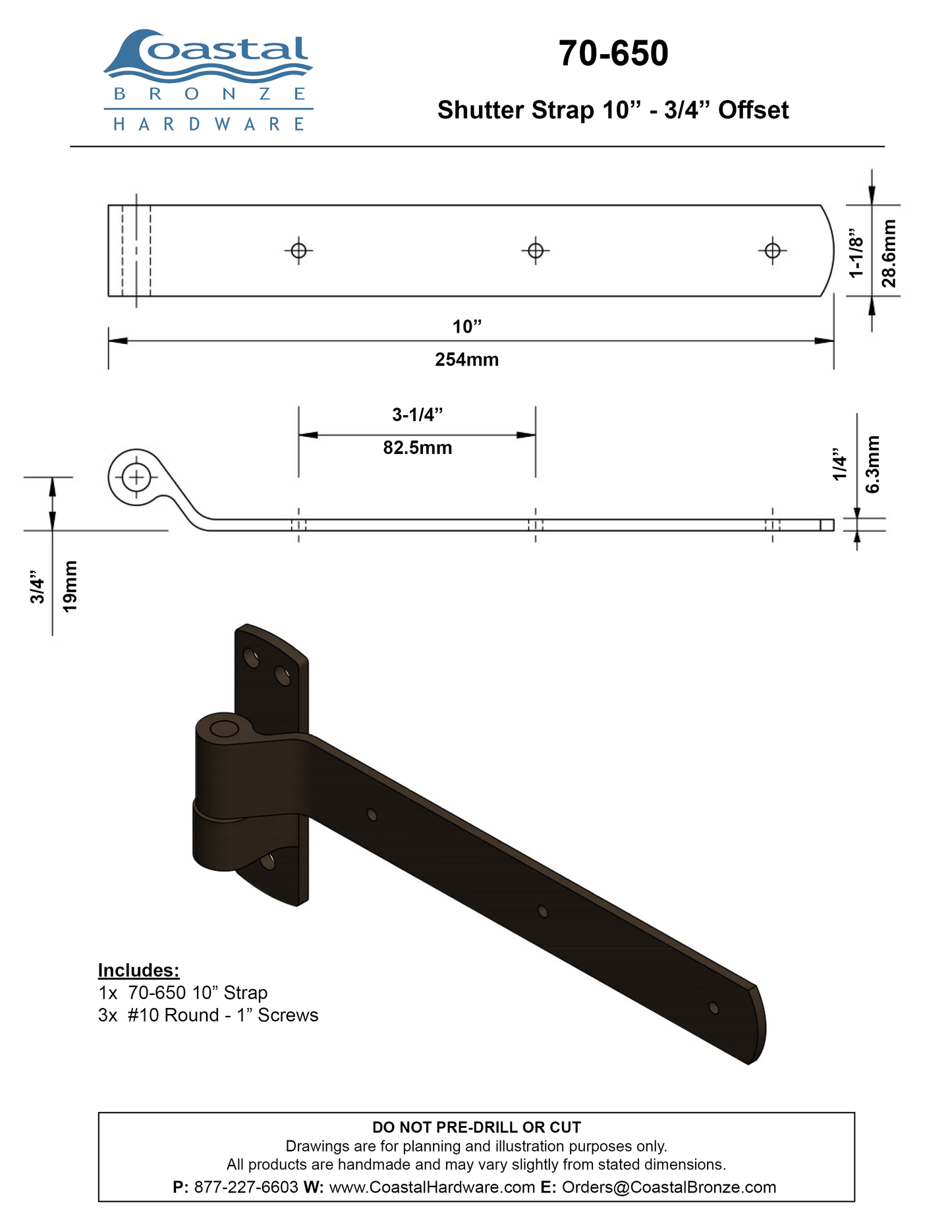 Textured Bronze 10" Shutter Strap with Pintle - 3/4" Offset