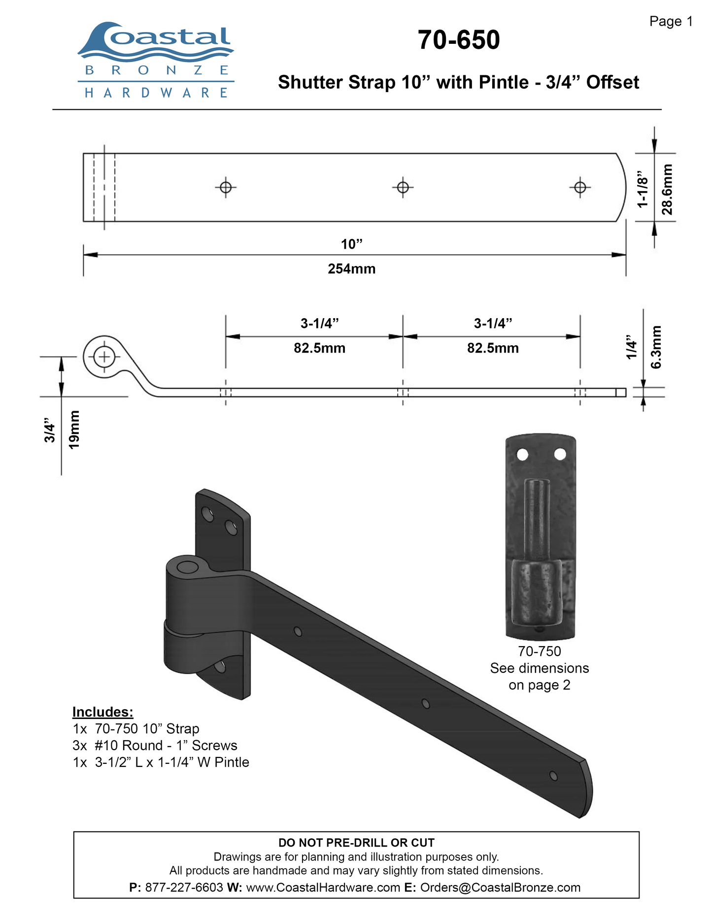 Textured Bronze 10" Shutter Strap with Pintle - 3/4" Offset